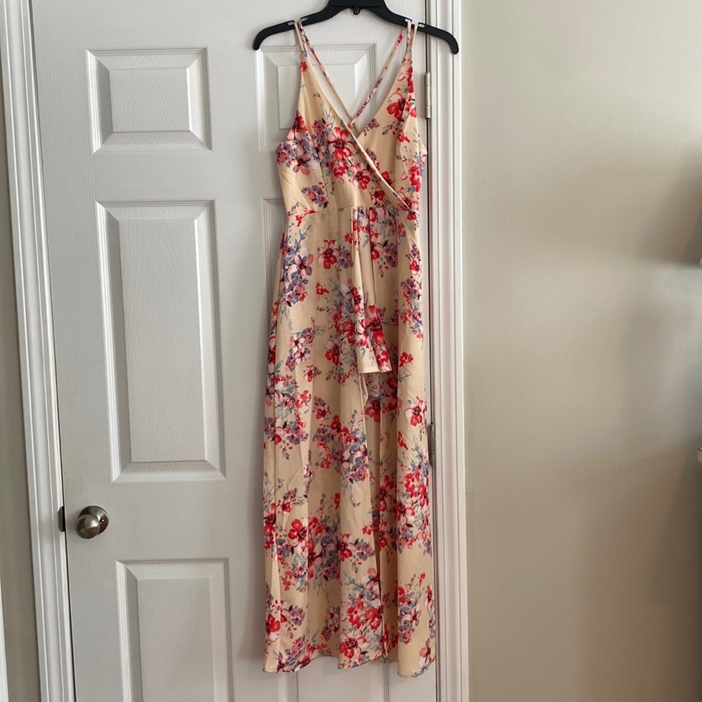 Pretty floral romper with long skirt overlay